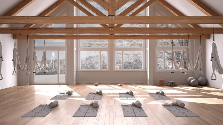 Empty yoga studio interior with hammock, mats, and panoramic window