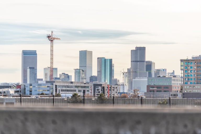 Denver cityscape skyline with I-70 highway